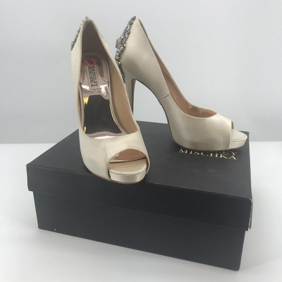 Badgley Mischka Shoes - Badgley Mischka Kiara Heel Womens 9 Ivory Satin Peep Toe Crystal Jeweled Stellio